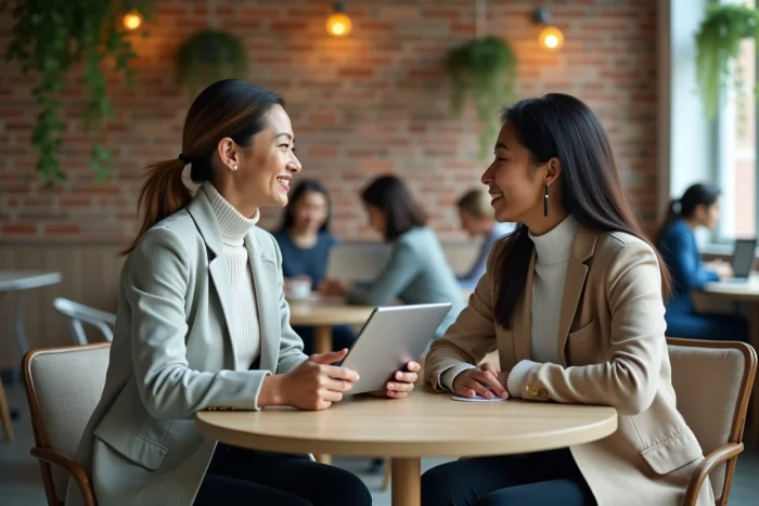 Deux professionnelles discutant d'un programme d'accompagnement bien-être en ligne dans un espace de coworking