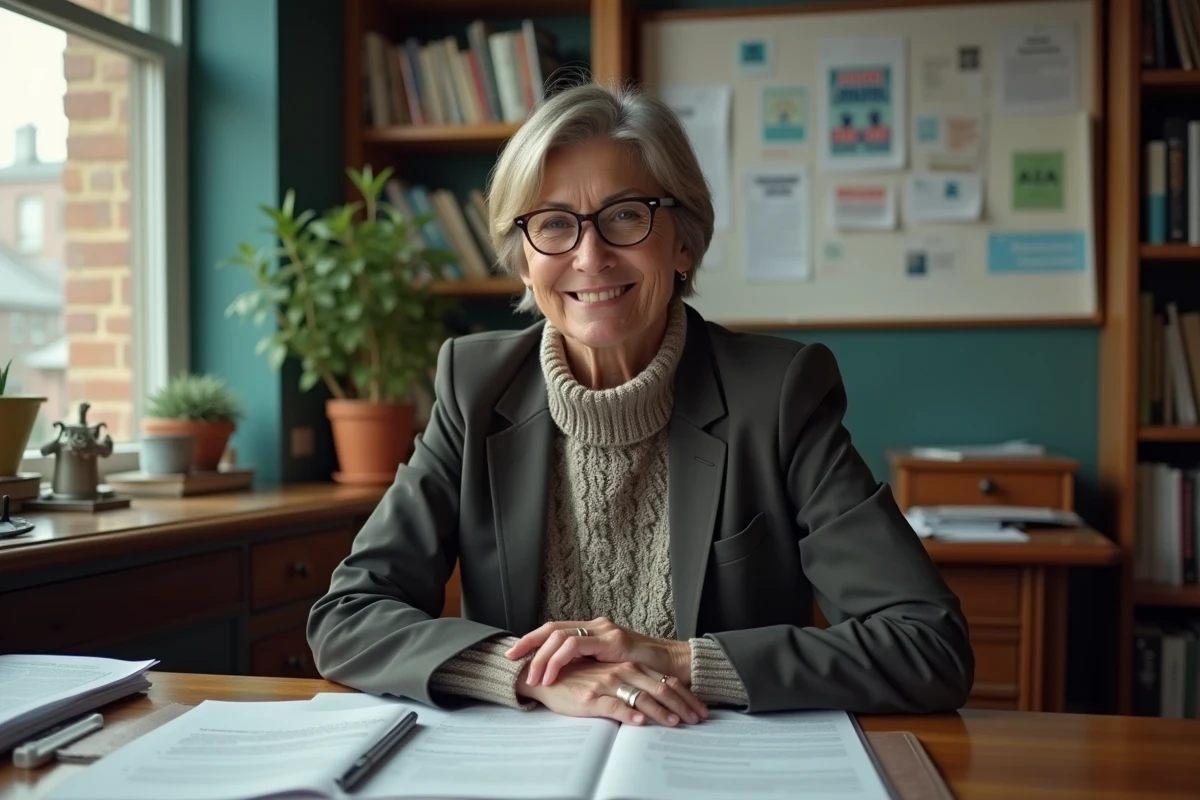 Femme engagée dans un bureau avec documents et affiches
