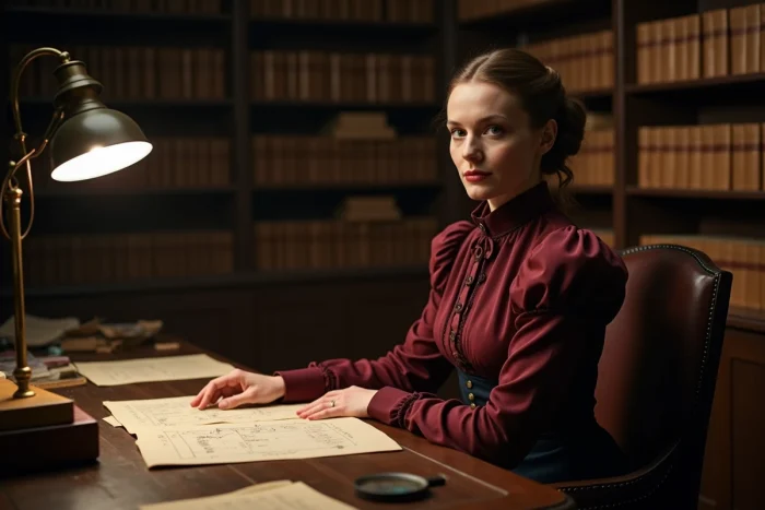 Actrice en costume victorien assise à un bureau encombré de dossiers criminels dans une archive de police reconstituée du XIXe siècle pour L'Aliéniste saison 3