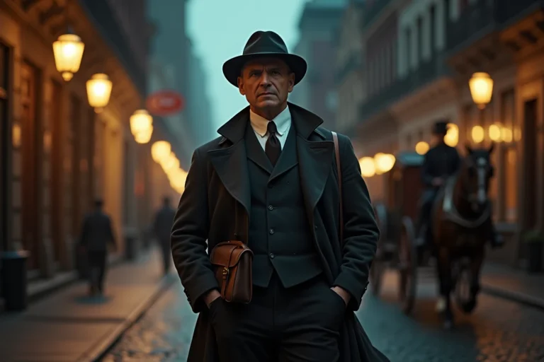 Acteur en costume de détective victorien dans une rue pavée recréant le New York de la fin du XIXe siècle, ambiance sombre et atmosphérique pour illustrer L'Aliéniste saison 3