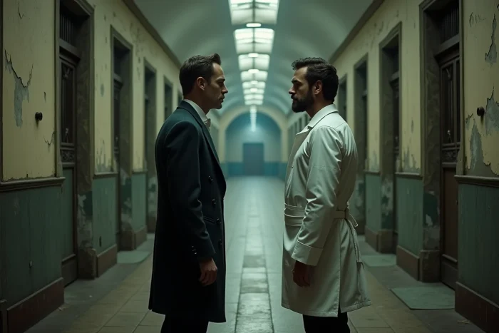 Deux acteurs en costumes victoriens face à face dans un couloir d'asile du XIXe siècle reconstitué, ambiance psychologique et dramatique pour L'Aliéniste saison 3