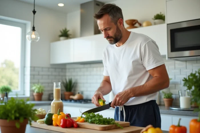 Homme préparant un smoothie de légumes frais dans une cuisine moderne pour une alimentation saine