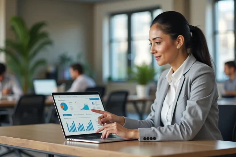 Femme professionnelle analysant des graphiques de référencement naturel SEO sur un ordinateur portable dans un bureau moderne