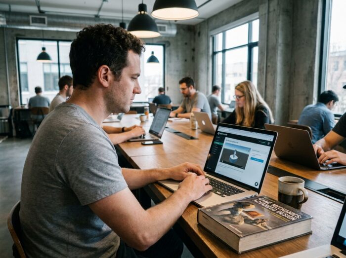 Homme en train de suivre une formation en ligne de game design dans un espace de coworking avec manuel et ordinateur