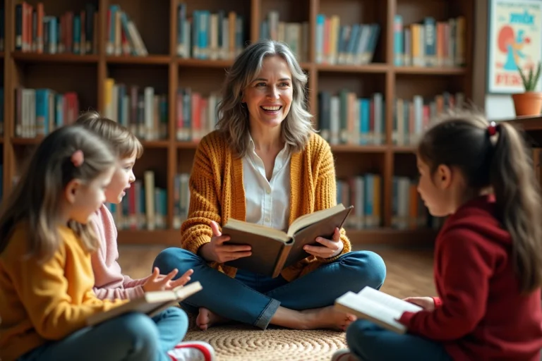 Femme racontant une histoire à des enfants dans une bibliothèque confortable entourée de livres illustrés