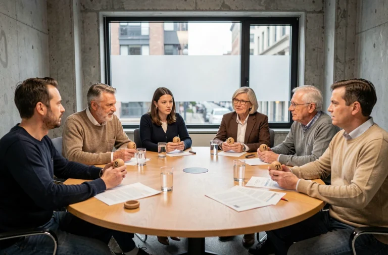 Groupe de citoyens tirés au sort réunis autour d'une table lors d'une assemblée citoyenne démocratique