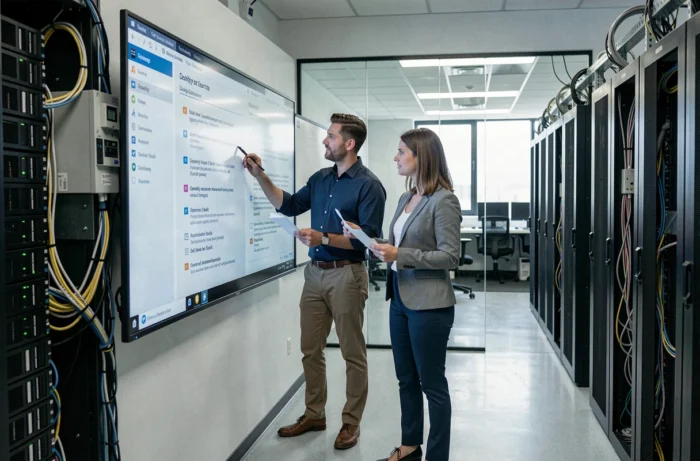 Deux professionnels informatiques analysant un audit de cybersécurité dans une salle de serveurs d'entreprise moderne