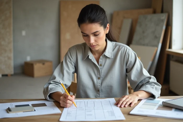Femme calculant le budget de rénovation de son appartement avec des échantillons de matériaux et un tableau de coûts sur une table en bois