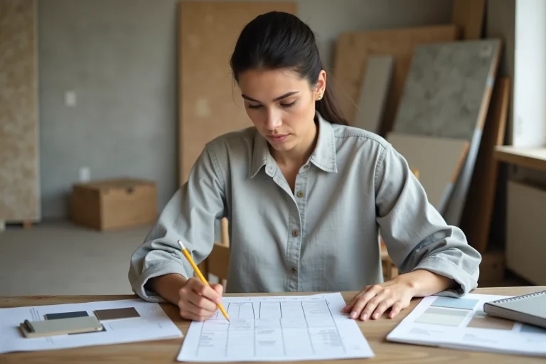 Femme calculant le budget de rénovation de son appartement avec des échantillons de matériaux et un tableau de coûts sur une table en bois
