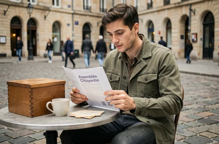 Jeune homme lisant un document sur la démocratie participative avec une urne de tirage au sort en terrasse