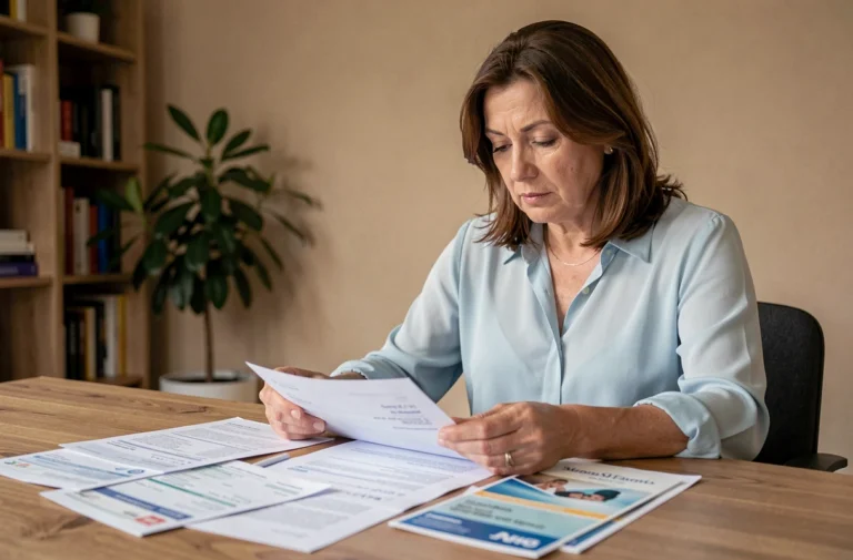 Femme comparant des offres d'épargne bancaire dont le taux Quadreto de la Caisse d'Épargne et un PEL classique sur son bureau à domicile