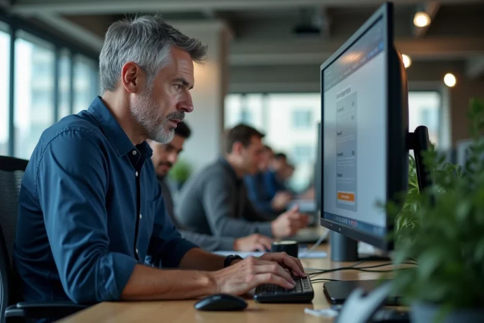 Homme d'affaires configurant les paramètres de confidentialité de son navigateur dans un open space, symbolisant la protection de la vie privée en ligne en entreprise