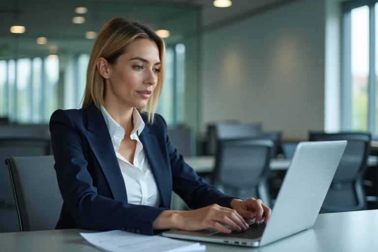 Femme cadre se connectant en toute sécurité à son compte agent Intraparis sur un ordinateur portable au bureau