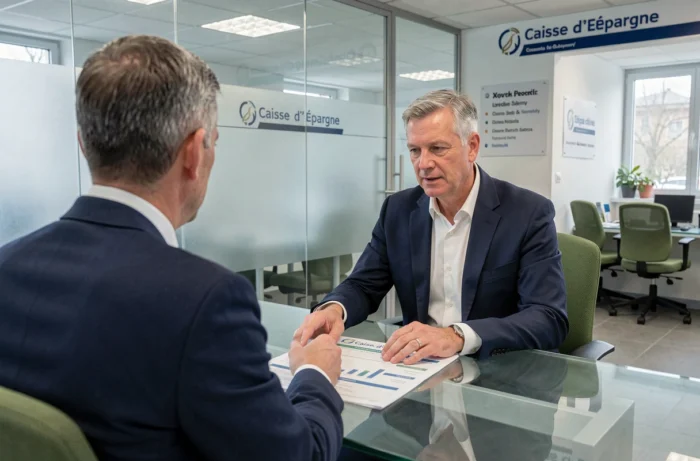 Conseiller bancaire de la Caisse d'Épargne présentant une comparaison entre le taux Quadreto et le PEL à un client en agence