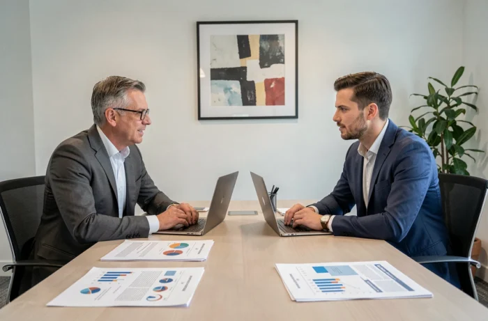Réunion entre un conseiller financier et son client autour de documents de portefeuille boursier dans une salle de réunion moderne