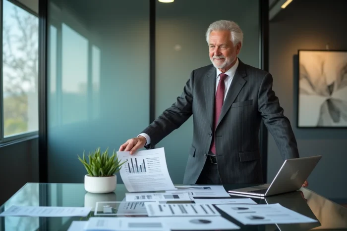 Conseiller financier senior présentant une stratégie d'optimisation et de sécurisation du patrimoine en salle de réunion