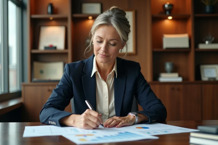Conseillère en gestion de patrimoine analysant des documents financiers dans un bureau professionnel élégant