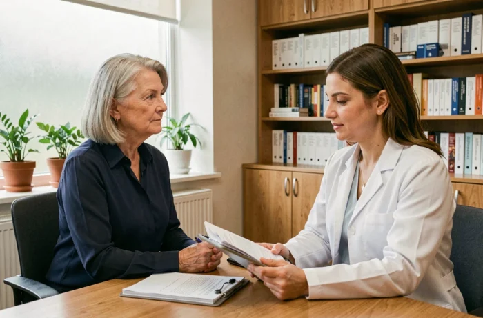 Femme de 60 ans en consultation médicale avec sa médecin dans un cabinet moderne pour un bilan de santé préventif