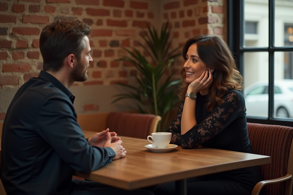Femme élégante discutant avec Marc Marquez au café intérieur