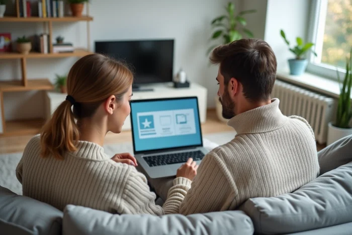 Couple regroupant leur forfait Free Mobile et leur Freebox sur un ordinateur portable dans un salon