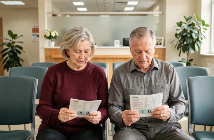 Couple de seniors assis dans une salle d'attente médicale consultant une liste d'examens de santé après 60 ans