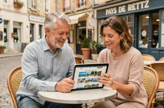 Couple découvrant le site coeurpaysderetz.fr sur une tablette en terrasse d'un café dans une ville côtière du Pays de Retz