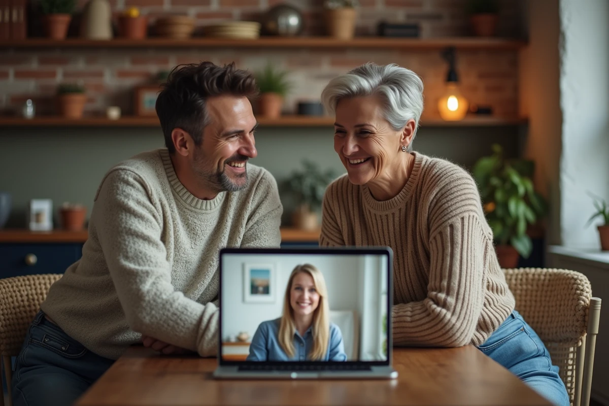 Couple détendu discutant avec un agent immobilier en ligne à la maison