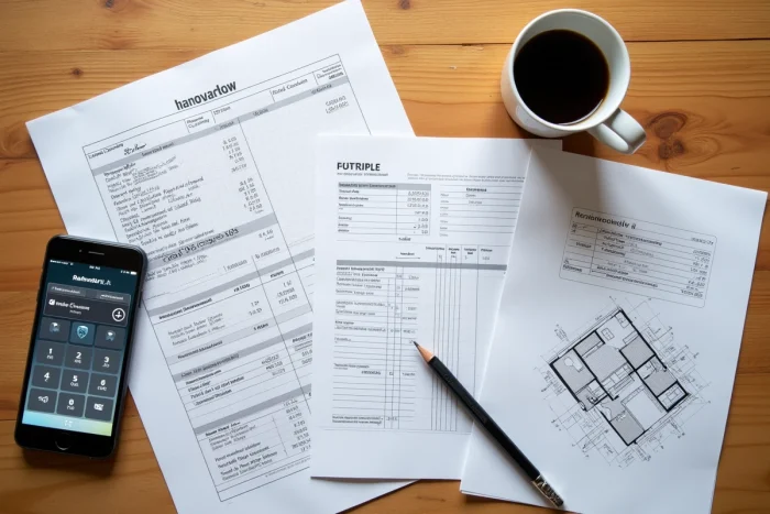 Vue aérienne d'un bureau avec documents de budget de rénovation, devis d'entrepreneurs, plan d'appartement et calculatrice sur smartphone