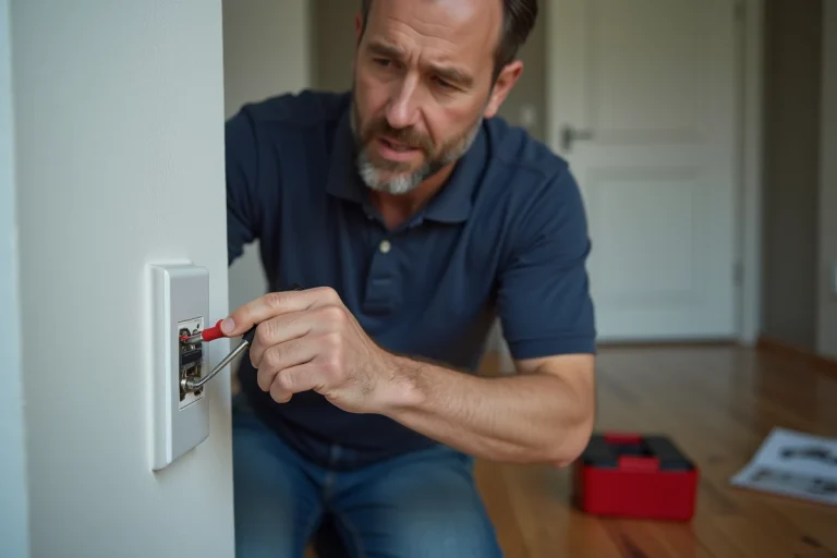 Homme moyen âge vérifiant le câblage électrique dans une prise