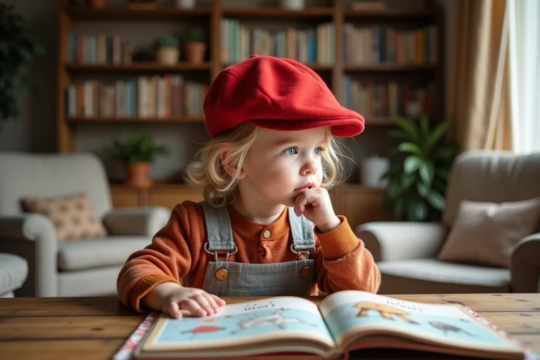 Jeune enfant lisant un livre OuiOui dans un salon chaleureux