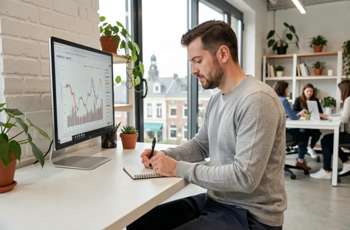 Entrepreneur concentré travaillant sur des graphiques financiers dans un bureau de startup à Rennes