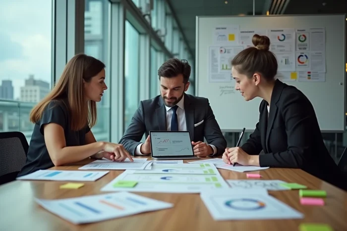 Équipe marketing collaborant sur une stratégie de référencement SEO autour d'une table de réunion avec rapports et données