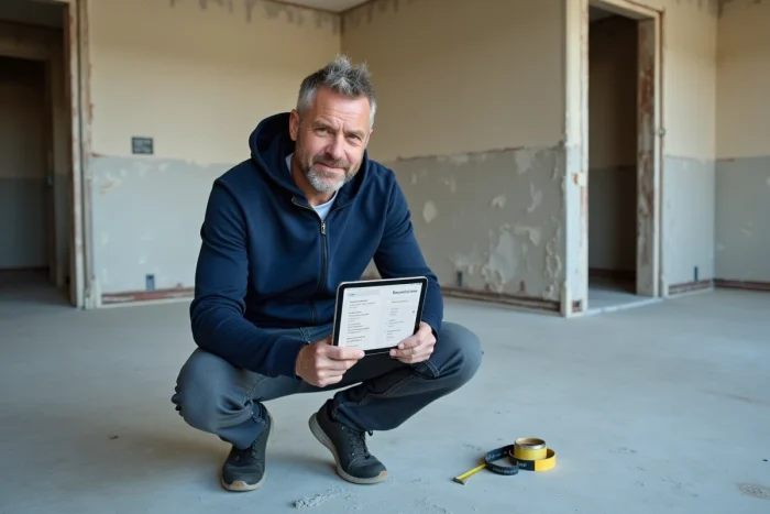 Homme accroupi dans un appartement en cours de rénovation consultant une application de budget sur tablette avec un mètre ruban au sol