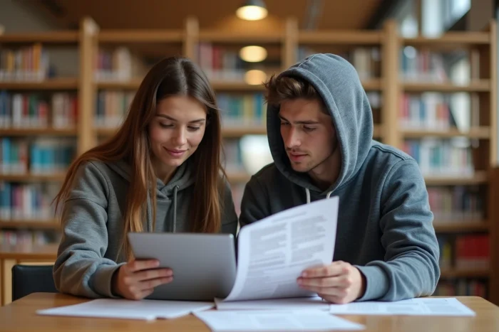 Deux étudiants universitaires étudiant ensemble des ressources sur la cybersécurité et les bonnes pratiques numériques dans une bibliothèque moderne