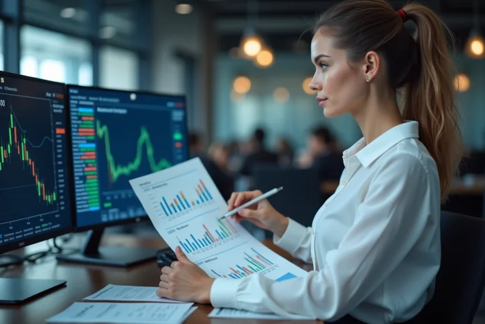 Analyste financière évaluant la valeur d'une entreprise à l'aide de tableaux de valorisation et de rapports financiers