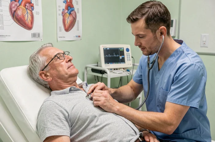 Homme de plus de 60 ans lors d'un examen cardiologique préventif avec un cardiologue dans un cabinet médical équipé