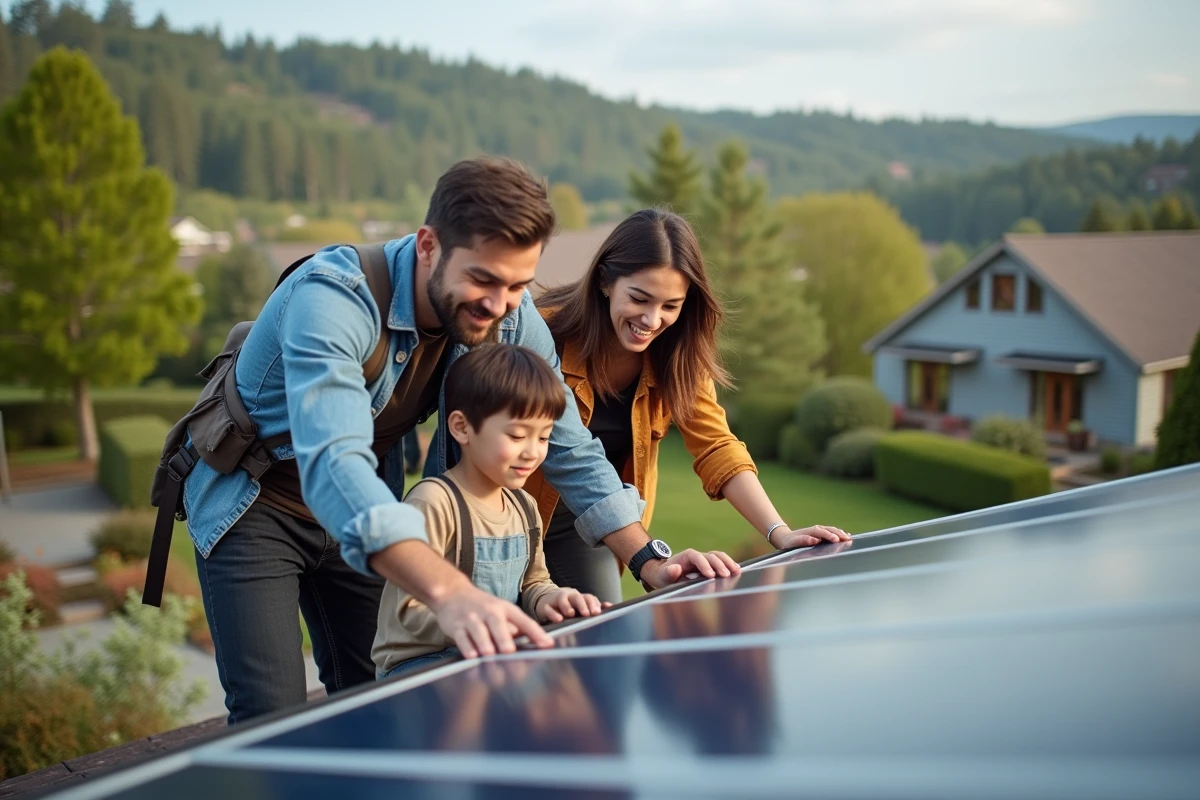 Famille heureuse installant un panneau solaire sur le toit