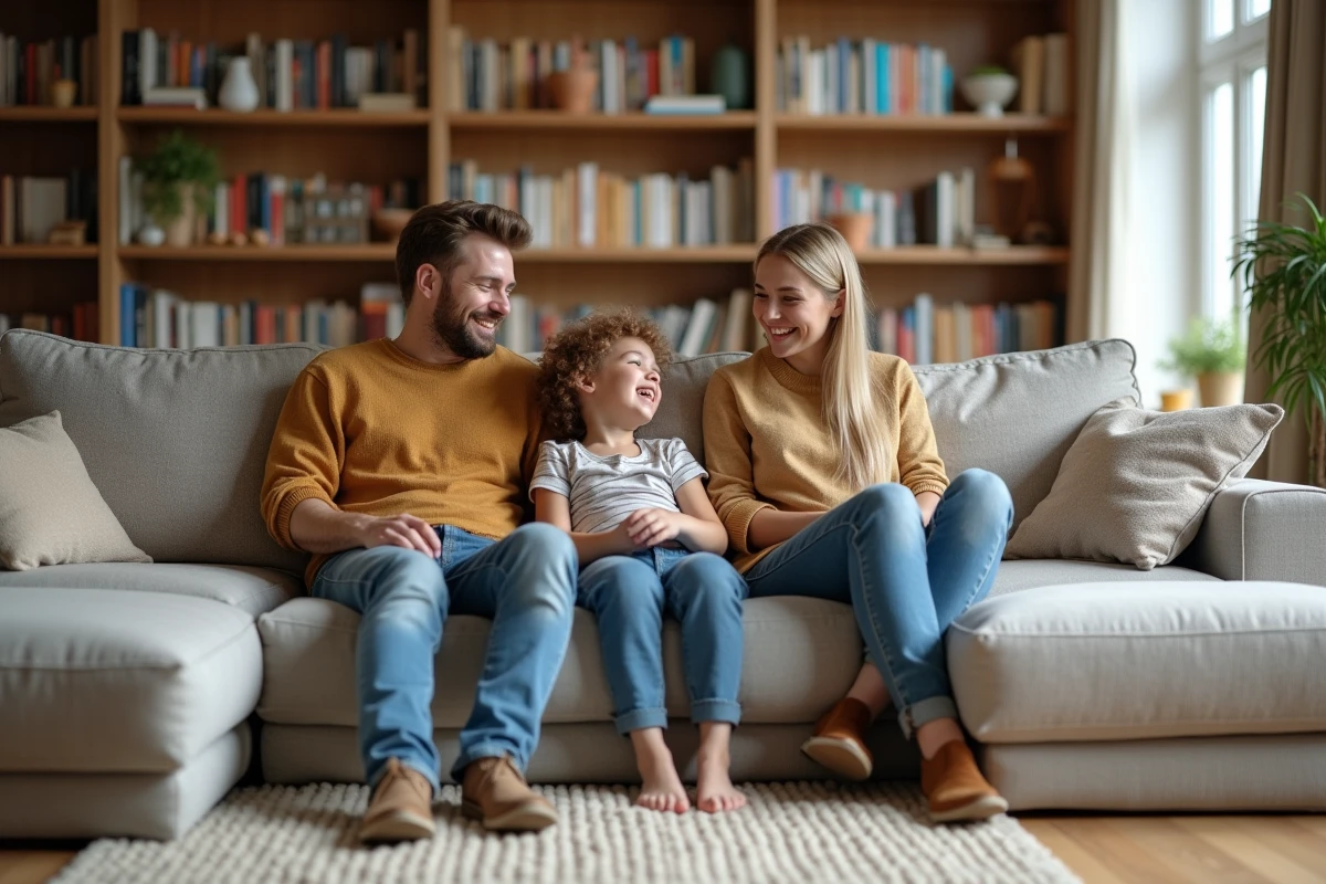 Famille souriante assise sur un canapé spacieux
