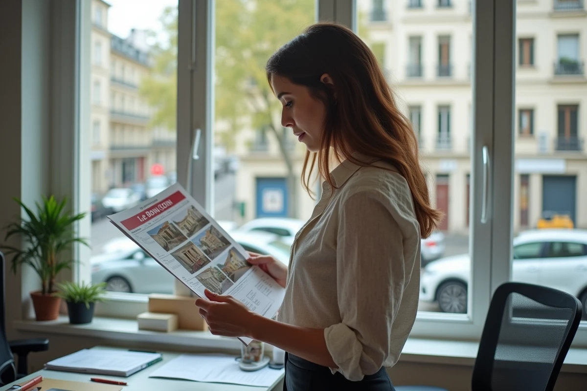 Jeune femme dans une agence immobilière examinant des annonces