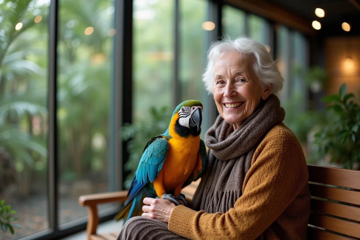 Femme âgée tenant un perroquet dans un centre nature