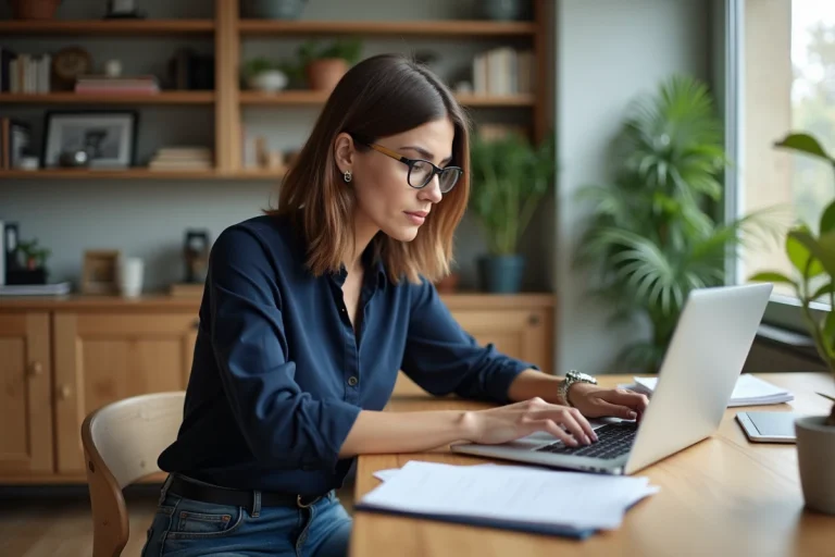 Femme française concentrée à son bureau à domicile
