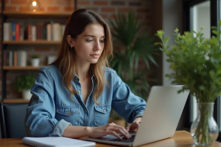 Jeune femme au bureau lisant des actualites sur son ordinateur
