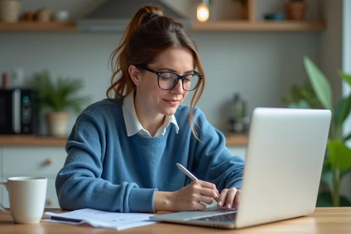 Femme étudie son ordinateur dans une cuisine moderne