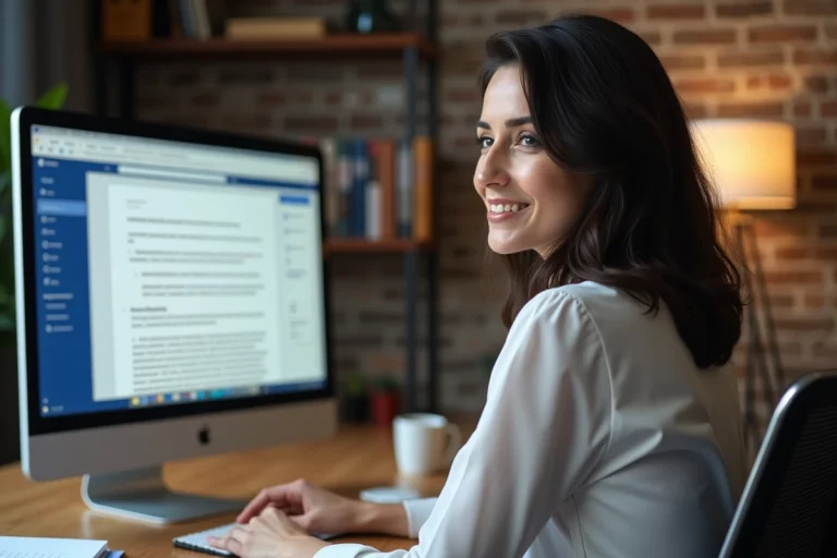 Femme au bureau regardant un document Word avec tampon personnalisé