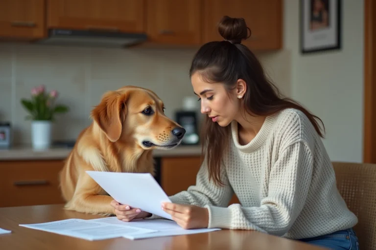 Femme avec son chien regardant des documents d'assurance