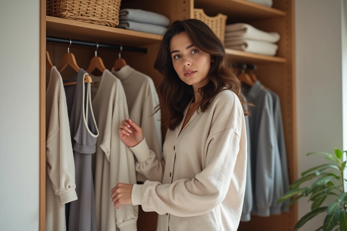 Femme choisissant un slip dans une armoire bien organisée
