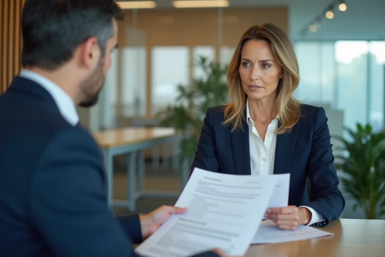 Une femme et un conseiller bancaire discutent d'un dossier de crédit dans une agence moderne