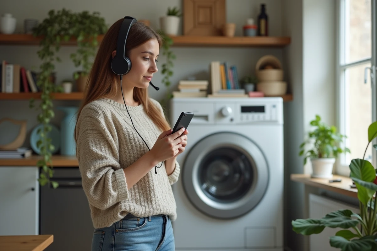 Femme parlant au téléphone avec un technicien dans un salon lumineux