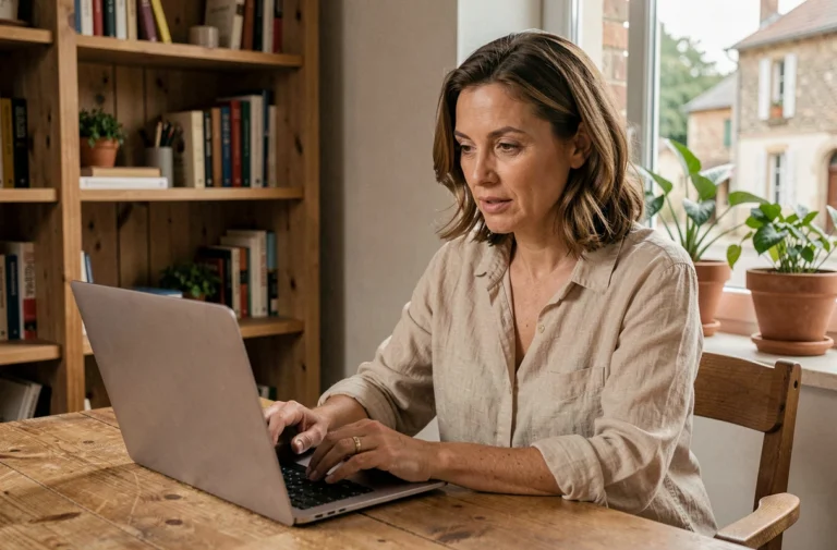 Femme consultant le site coeurpaysderetz.fr sur un ordinateur portable dans un bureau à domicile chaleureux en Pays de Retz