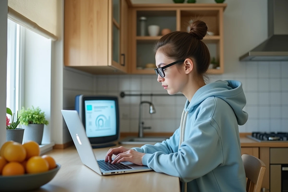 Jeune femme utilisant un ordinateur dans la cuisine lumineuse